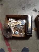 Box of silver belt buckle and mirrors