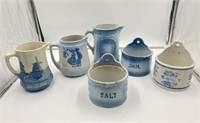 Blue/White Stoneware Pitchers/Salt Boxes DH