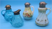 4 19TH C. GLASS SYRUP JUGS, BLUE OPALESCENT DAISY