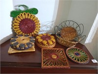 Great group of rattan trivets and 2 baskets
