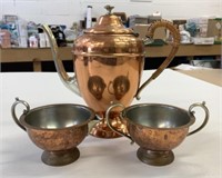 Vintage Flemish Copper Tea Pot, Cream & Sugar