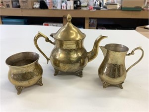 Brass Teapot, Cream & Sugar