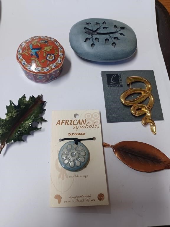 Vtg. Trinket Dish, Brooches and More