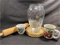 Misc Lot W/ Large Glass Vase Wooden Rolling Pin