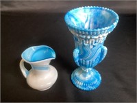 Blue Slag Glass Vase & Pitcher