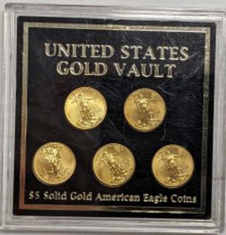 SET OF 5 1/10TH OZ US SOLID GOLD 5$ EAGLE COINS