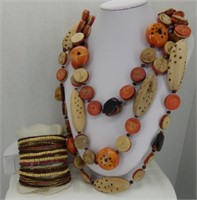 Orange & Brown Wooden Beaded Necklace & Bracelet