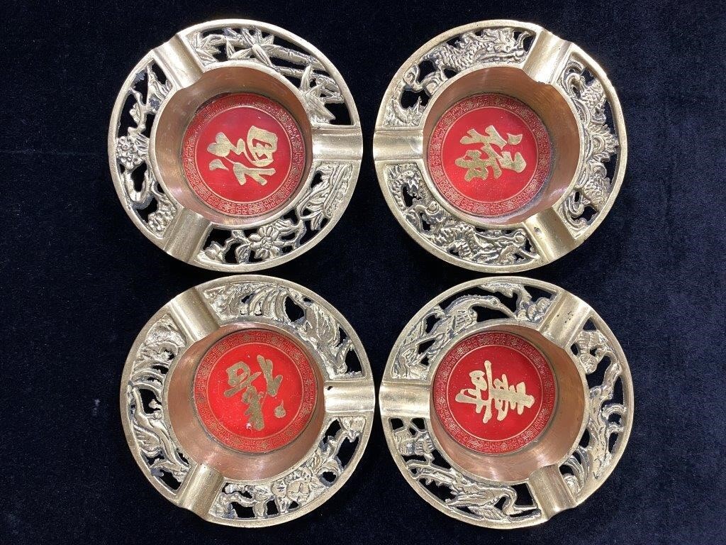 Vintage Chinese Brass & Red Enamel Shou Long Life