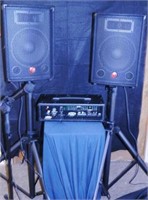 Harbinger mixer, speakers & microphone on stands
