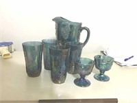 BLUE CARNIVAL PITCHER, GLASSES (ONE CHIPPED),