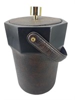 Tall Ice Bucket Brown Faux Leather W/Handle/Lid