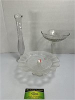 Glass Vase, Bowl, and Small Cake Dish