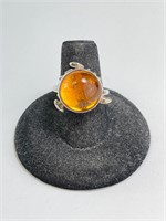 Sterling Large Cabochon "Taxco" Amber Ring 6 Gr