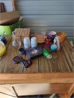 Miscellaneous glassware, sewing basket