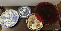 RUBY CAKE STAND AND ASSORTED DISHES