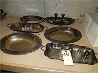 SILVER PLATE: TRAYS, CANDLE HOLDERS, SALT & PEPPER