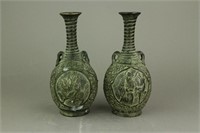 2 Pc Bronze Metal Carved Vase Qianlong MK