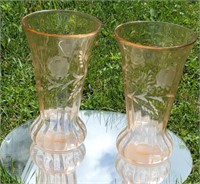 Pr 12" elegant pink depression glass vases