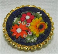 1960's Roma Micro Mosaic Pin, Black Floral