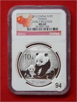 2012 Chinese Panda 10 Yuan NGC MS69 1 Ounce Silver