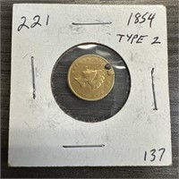 1854 $1 DOLLAR GOLD COIN