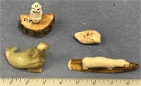 Lot of 4, soapstone seal, bone bear, fossilized to