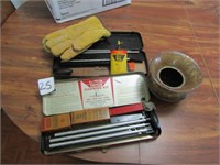 2 GUN CLEANING KITS,BRASS SPITONE, LEATHER GLOVES