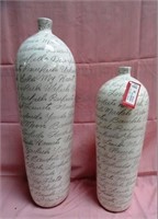 2 LARGER WHITE VASES WITH WRITING ON THEM