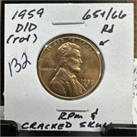 1959-D/D WHEAT PENNY CENT CRACKED SKULL