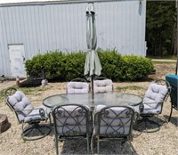 PATIO TABLE, 6 CHAIRS, UMBRELLA, ALL SHOW WEAR