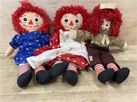 3 Raggedy Ann and Andy dolls