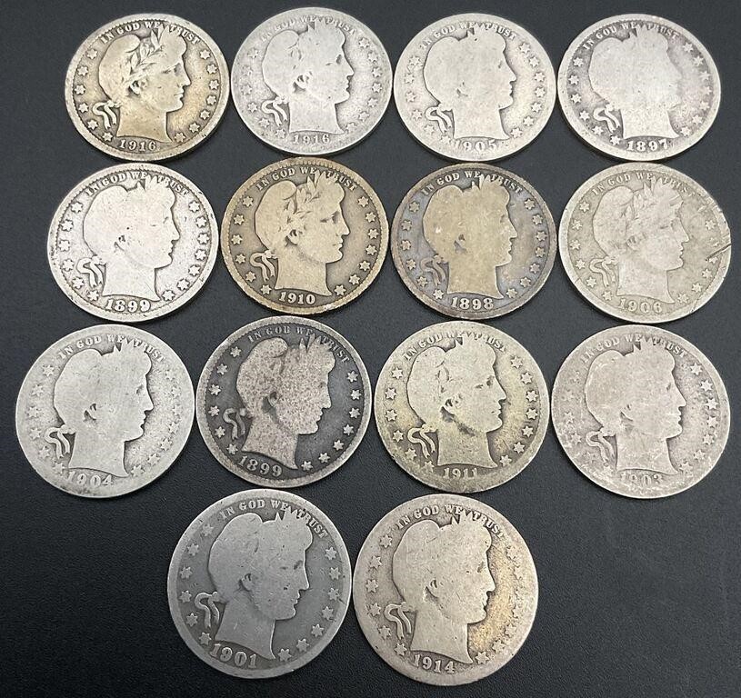 14 Silver US Barber Quarters