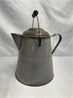 VINTAGE GRANITEWARE COFFEE POT WITH WOODEN