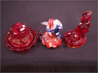 Three pieces of red glass: covered butter dish