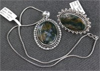 NEW German Silver Moss Agate Ring & Necklace: