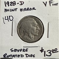 1928-D BUFFALO NICKEL SEVERE ROTATED DIES