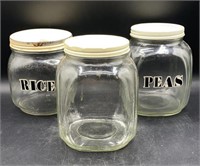 3 Vtg. Lidded Clear Glass Kitchen Jars