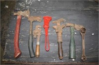 3 hatchets, monkey wrenches & pipe wrench