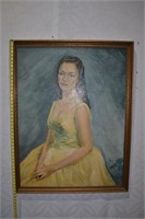 Portrait of a woman in a yellow dress, framed oil