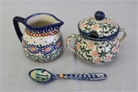 Polish Pottery Creamer, Sugar Bowl, Painted Spoon