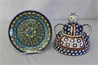 Polish Pottery Cheese Keeper & Plate