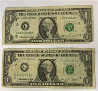 2- 1974 USA $1 Bills