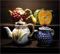 4 teapots, grapes, vegetables, and blue pattern