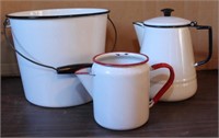 3 pieces white enamel: 9.5" bucket & 2 coffee pots