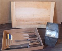 Asstd Lot: wooden cutting board, 3 scrapple pans