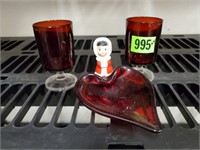Ruby red glassware, blown glass heart, holiday