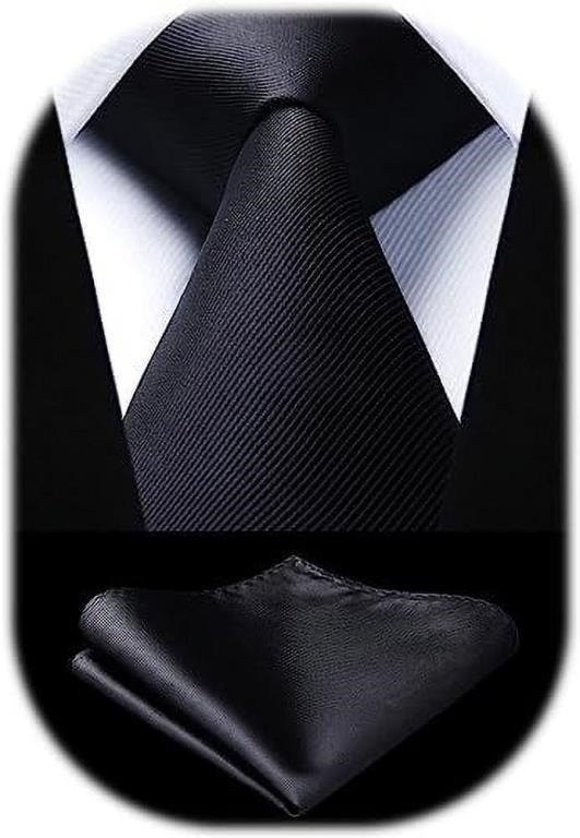 SM1128  HISDERN Black Necktie & Pocket Square
