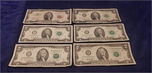 (6) Two Dollar Bills