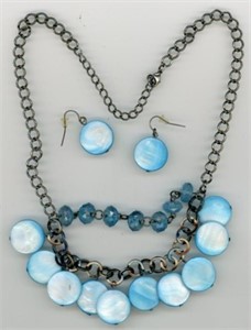 Blue Disc Costume Necklace + Earrings 20”