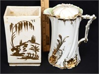 GOLD AND WHITE CERAMIC WATER PITCHER AND PLANTER